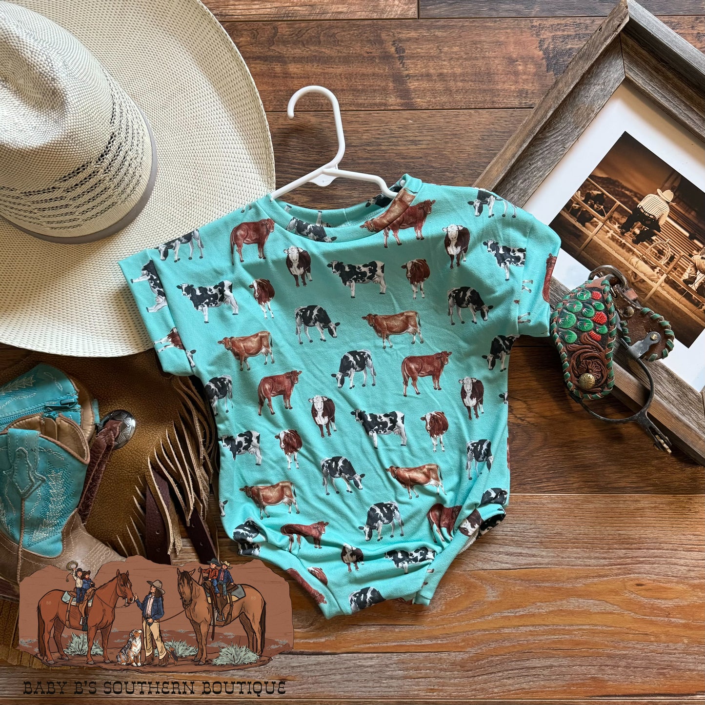 Mint Cows Short Sleeve Romper