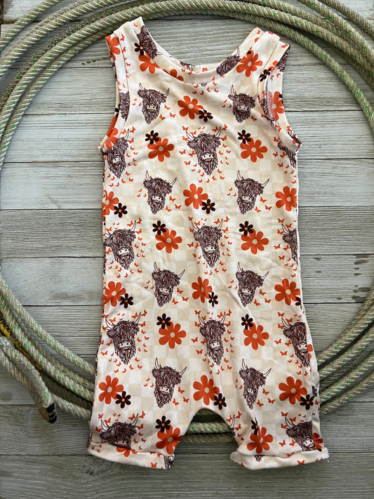 RTS Highland Cow/Floral Tank Top Shorts Romper Size 6-12m