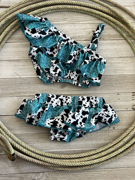 RTS 3-6 months turquoise cowprint bathing suit